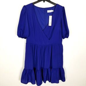 Eliza‎ J Women Surplice Neck Puff Sleeve Fit & Flare Dress Sz 16 Blue Mini Party